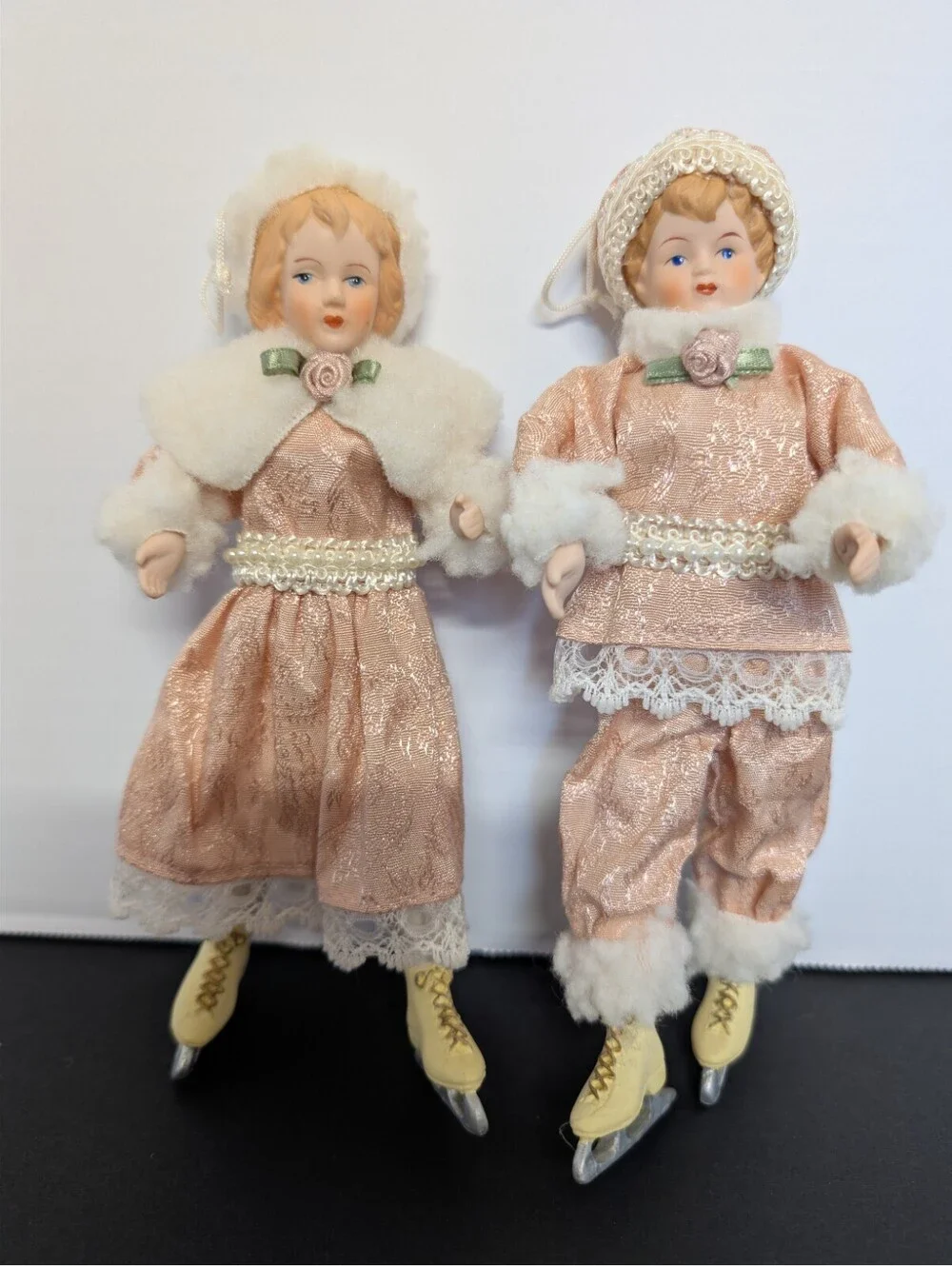 Victorian-Style Bisque Ice Skating Tree Ornament Dolls Posable Beautiful Pair